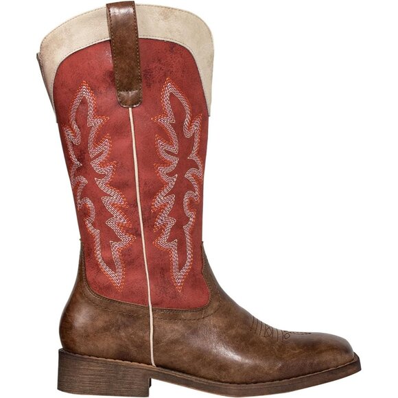 SheSole Womens Red Cowboy Square Toe Cowgirl Wide Calf Western Boots - Picture 4 of 9